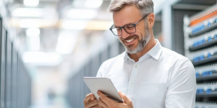 A smiling man in white shirt uses tablet in server room, showcasing technology and professionalism. His expression reflects satisfaction and engagement