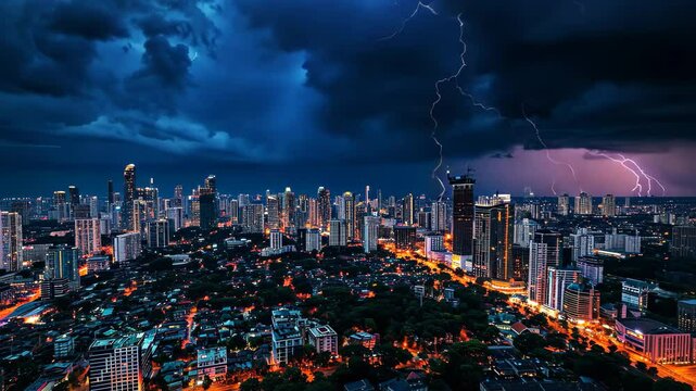 A Cityscape of Tall Buildings Under a Cloudy Sky, An enchanting skyline view of a city during a thunderstorm