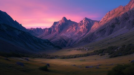 Majestic mountain sunset over serene valley nature landscape tranquil environment wide angle view scenic beauty