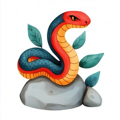 Obraz premium Watercolor Snake Zodiac Concept with Earth Element for Chinese New Year. Colorful snake illustration coiled on a rock with green leaves