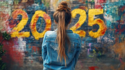 A child painting '2025' on a wall with vibrant colors, celebrating the new year. A joyful and creative concept symbolizing fresh beginnings