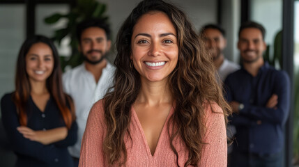 Obraz premium A confident woman smiles warmly in modern office setting, surrounded by colleagues. atmosphere is positive and collaborative, showcasing teamwork and professionalism