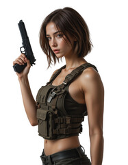 Woman in camo holds handgun, suitable for militarythemed designs, selfdefense concepts, security company ads, and gun control discussions