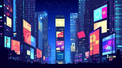 Fototapeta premium A vibrant cityscape at night with illuminated billboards and skyscrapers.