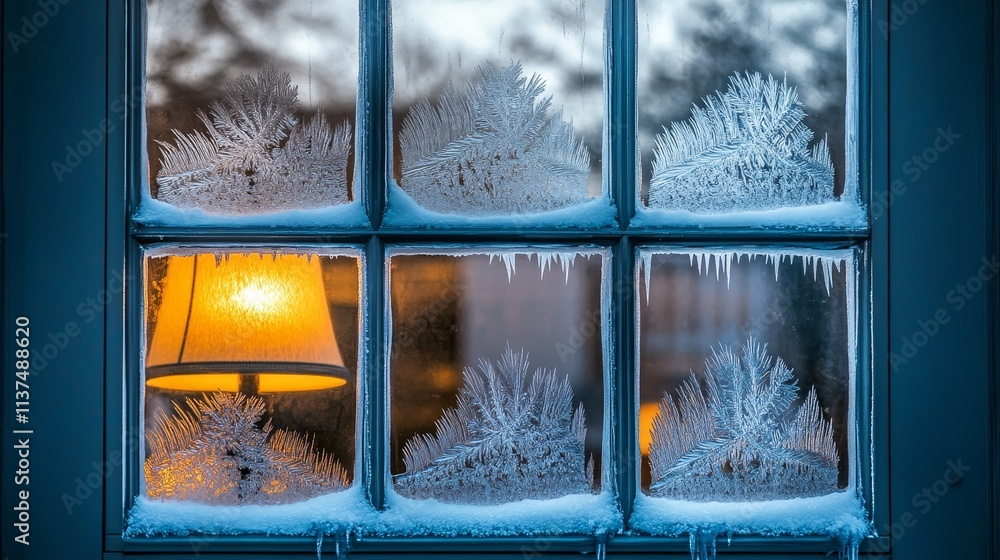Poster a frosty window scene with intricate ice patterns and a warm lamp glowing inside.
