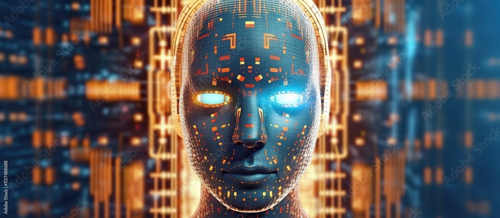 Poster futuristic ai model with digital patterns in high-tech environment