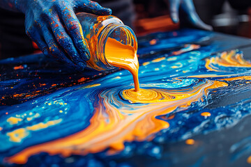 A person pours vibrant orange paint onto a blue canvas, creating a swirling abstract design.
