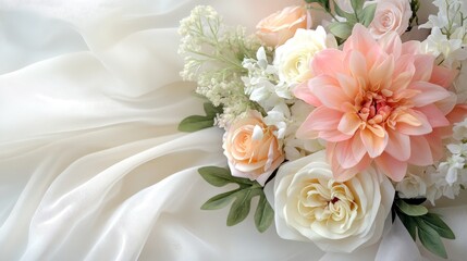 Obraz premium A delicate arrangement of flower on soft fabric, evoking beauty and elegance.