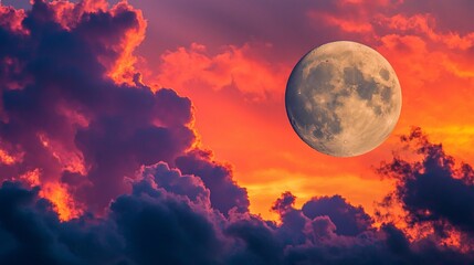 Fototapeta premium Vivid sunset clouds frame a full moon in colorful sky.