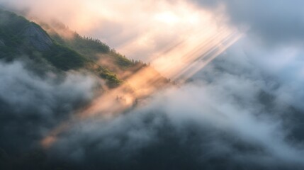 Obraz premium Majestic sunrise over misty mountains scenic landscape photography nature tranquil atmosphere aerial view peaceful serenity