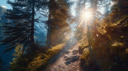 Hiking adventure through sunlit forest trail mountain region nature photography early morning serene atmosphere
