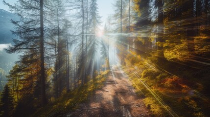 Naklejka premium Sunlit forest path mountain landscape nature photography tranquil environment serene viewpoint natural beauty concept