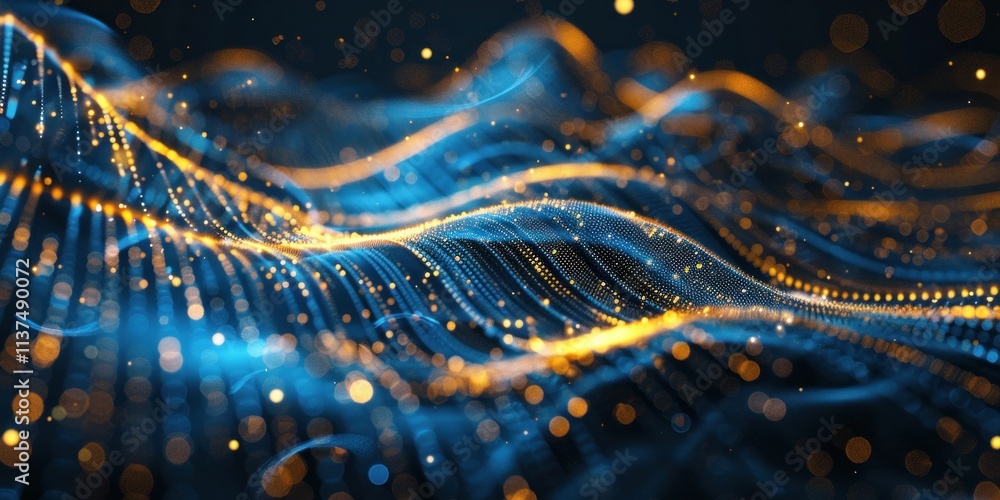 Poster abstract digital waves with glowing particles in blue and orange colors, creating a dynamic sense of