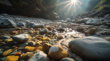 Obraz premium Tranquil stream flowing over colorful pebbles mountain valley nature scene serene environment ground view nature's beauty