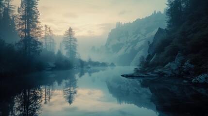 Serene misty landscape enchanted forest nature photography early morning panoramic view tranquility and reflection
