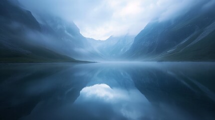 Fototapeta premium Misty mountain reflection serene lake landscape photography tranquil environment wide angle nature's beauty