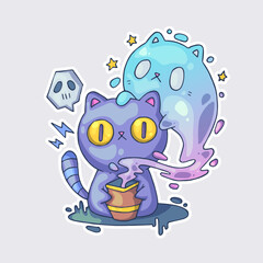 A cute cat and the spirit of the cat. Cartoon vector character. Trendy style. Vector illustration.