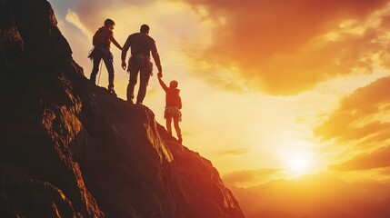 62. **Visualize a father, his partner, and child scaling a scenic crag with the sun setting behind them.
