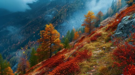 Autumn colors emerge mountain range landscape photography foggy environment elevated viewpoint nature's beauty