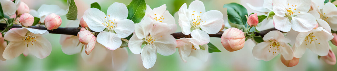 A vibrant spring banner featuring green nature and delicate white flowers, set against a blurred bokeh background. Perfect for seasonal designs with space for text.