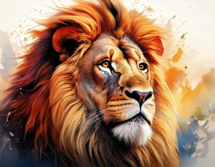 Fototapeta premium Fantastic, Cinematic, Majestic watercolor lion portrait with flowing golden mane isolated on white with copy space