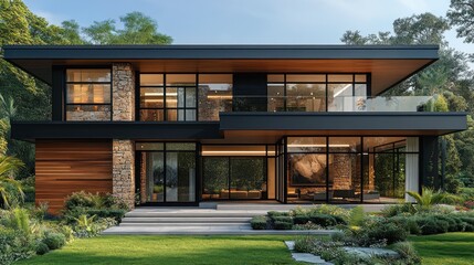 Fototapeta premium Modern house with large windows and natural materials, surrounded by greenery.