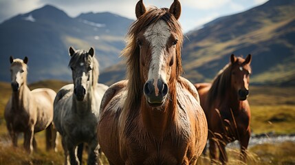 Obraz premium Horses in the mountains. Beautiful landscape with horses in the mountains.