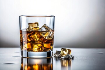 A glass of ice cold whiskey with ice cubes in it