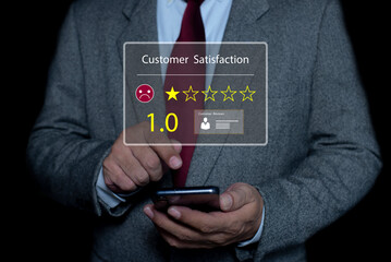 Customers chose a 1-star rating review in the satisfaction service experience rating online app. Negative customer feedback testimonial.