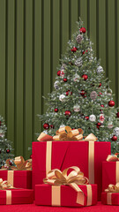 A Christmas tree with many ornaments and a star on top. The tree is surrounded by boxes and presents, giving the impression of a festive and joyful holiday season