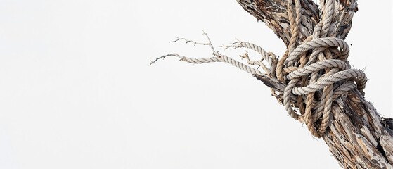 Frayed rope caught in a tree branch with exposed knots, strained structure, snapped wire, tangled thread, frayed rope, dried wood.