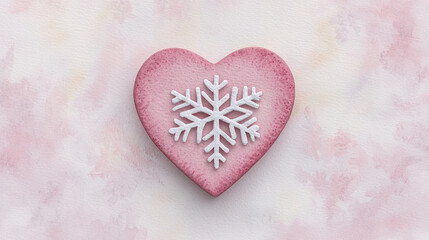 Heart-shaped snowflake ornament close-up, A charming pink heart-shaped cookie adorned with a snowflake design, perfect for winter celebrations or Valentine's Day treats.