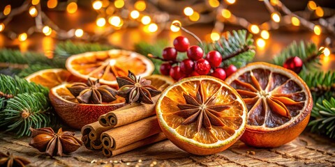 Festive Macro Photography of Orange Clove Christmas Decorations Featuring Cinnamon Sticks, Dried Oranges, and Star Anise for a Cozy Holiday Atmosphere