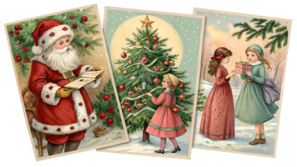 Collection set of vintage antique style Christmas and holiday greeting cards, Santa Claus, ephemera girls and Christmas tree illustration, PNG files