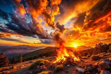 Fiery Landscape: Burning Sky, Inferno Background, Dramatic Fire Drawing, Wildfire Scenery, Nature Photography