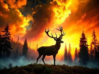 Fiery Sunset Deer Silhouette Macro Forest Fire Photography