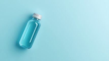 Transparent glass bottle on minimalist blue background
