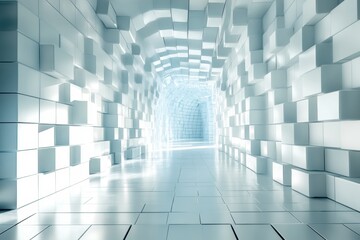 Fototapeta premium Abstract White Cubic Tunnel Interior Architecture Design.