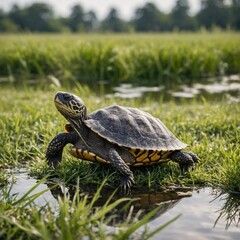 Fototapeta premium A small turtle basking in a grassy field near a pond, with a radiant white backdrop.