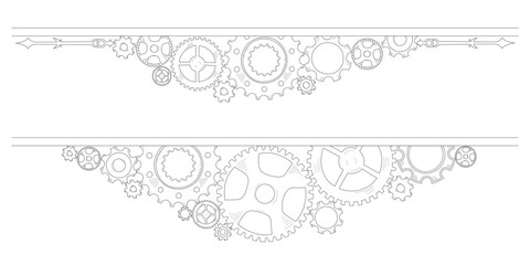 Doodle-style frame and corner with hand-drawn colorful gear mechanism, symbolizing business ideas, teamwork, and steady progress.