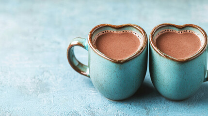 Heart-shaped mugs filled with hot cocoa, Two heart-shaped mugs filled with delicious hot chocolate, perfect for cozy moments and warm conversations.