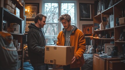 Smiling man carrying a cardboard box with a member of family in the background, both unpacking or moving into a new home , new dormitory, new apartment, new environment.

