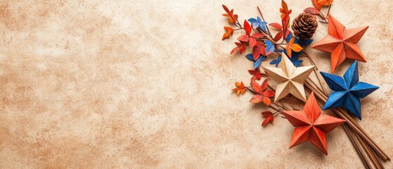 Festive Autumnal Decor with Stars and Pinecone.