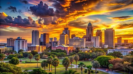 Fototapeta premium Florida Skyline Silhouette at Sunset, Cityscape Panorama, Urban Photography, Candid Night Scene