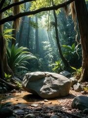 Obraz premium A smooth stone podium in the heart of a rainforest—perfect for adventurous and nature-inspired products.