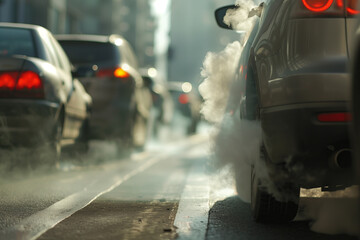 Urban scene with cars emitting thick smoke, highlighting issues of air pollution and global warming. Environmental protection theme