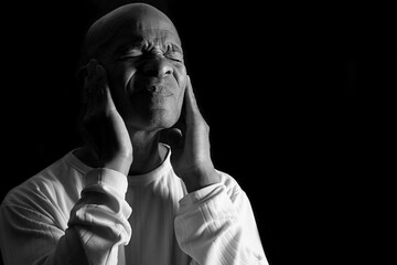 suffering from deafness and hearing loss on grey background with people stock image stock photo	