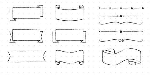 Set of Cute Hand drawn Doodle Banners and Ribbons isolated on white background for your Design. Bullet journal Ideas. Girly Stuff. Sticky Notes.