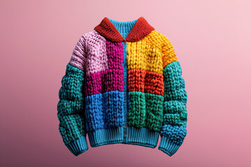 Vibrant and cozy knitted sweater with a colorful patchwork design, perfect for adding warmth and style to any outfit.