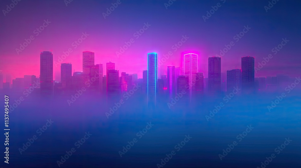Poster mysterious fog idea. a vibrant city skyline shrouded in mist and illuminated by neon lights.